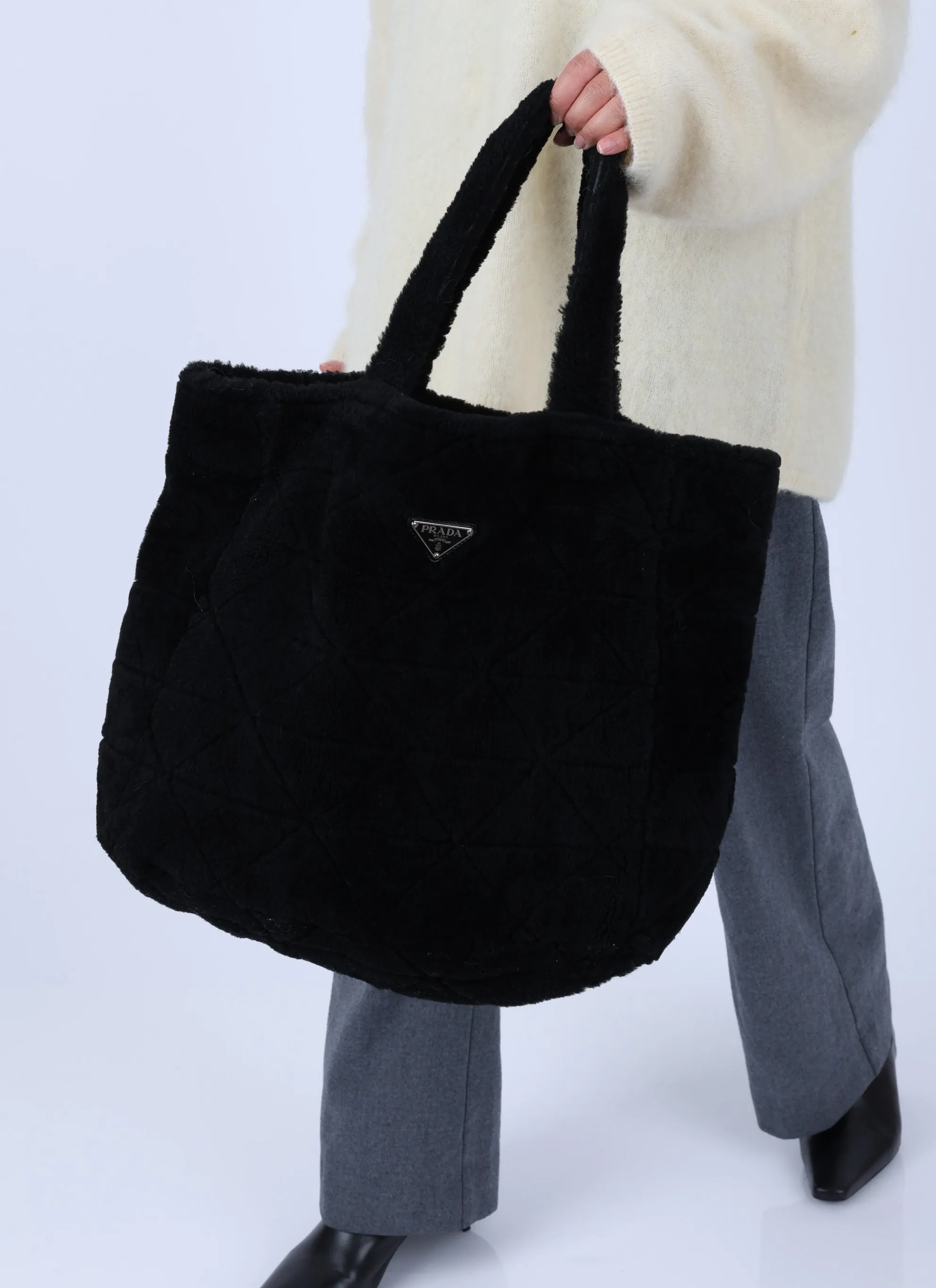 Prada Faux Shearling Tote Bag w/ Pouch