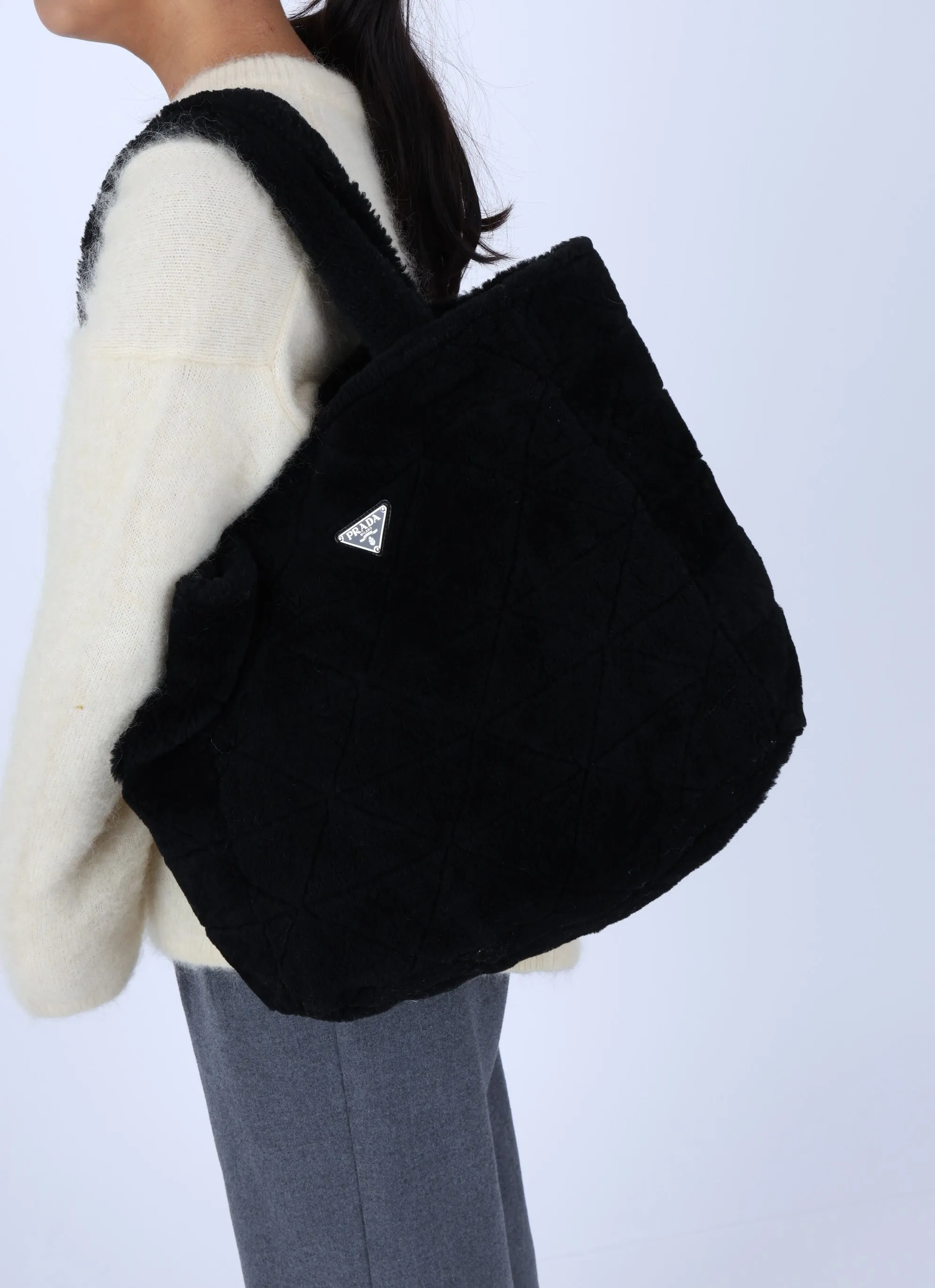 Prada Faux Shearling Tote Bag w/ Pouch