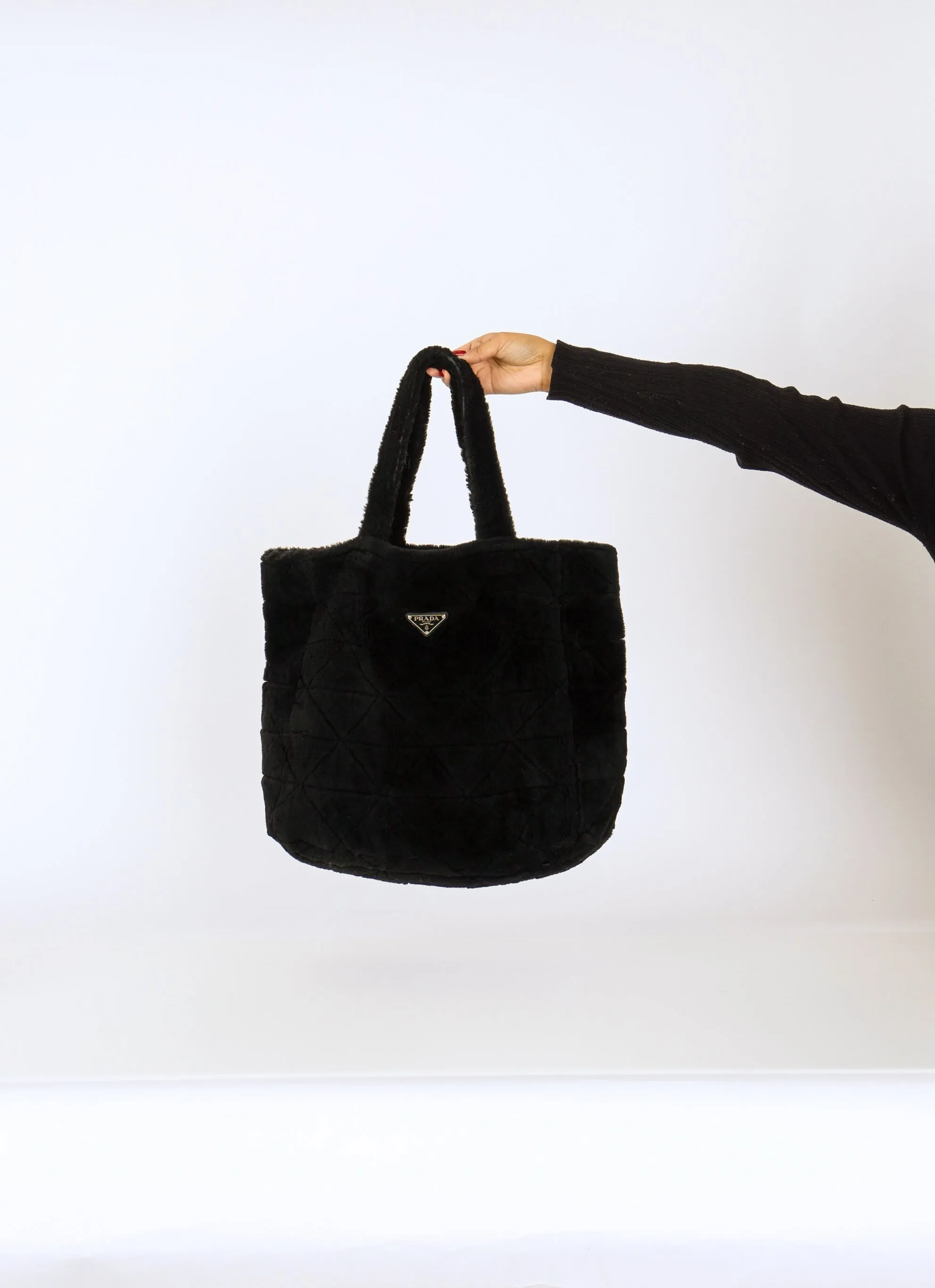Prada Faux Shearling Tote Bag w/ Pouch