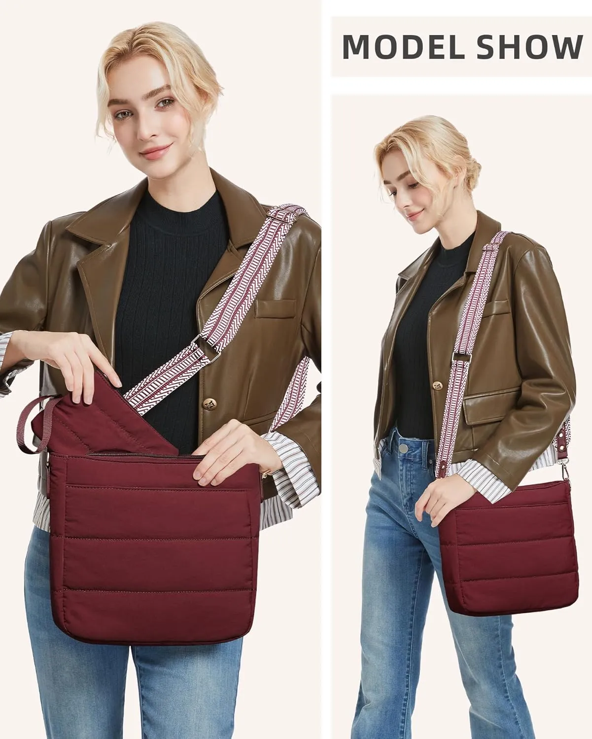 Purses for Women 2PCS Puffer Quilted Crossbody Shoulder Hobo Bags Trendy Ladies Handbag with Coin Wallet 2 Adjustable Straps