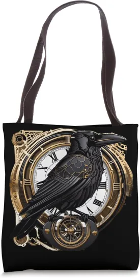 Raven Timekeeper Steampunk Clock Industrial Fantasy Print Tote Bag