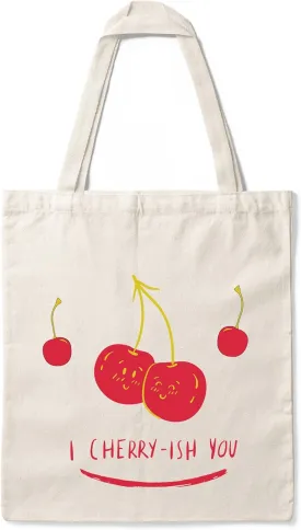 Reusable Canvas Tote Bag with Cute Cherry Print  I Cherry-ish You Eco-Friendly Cotton Shopping Bag  Funny Gift Idea for Friends, Women & Teens  Durable & Washable Grocery Bag T-026