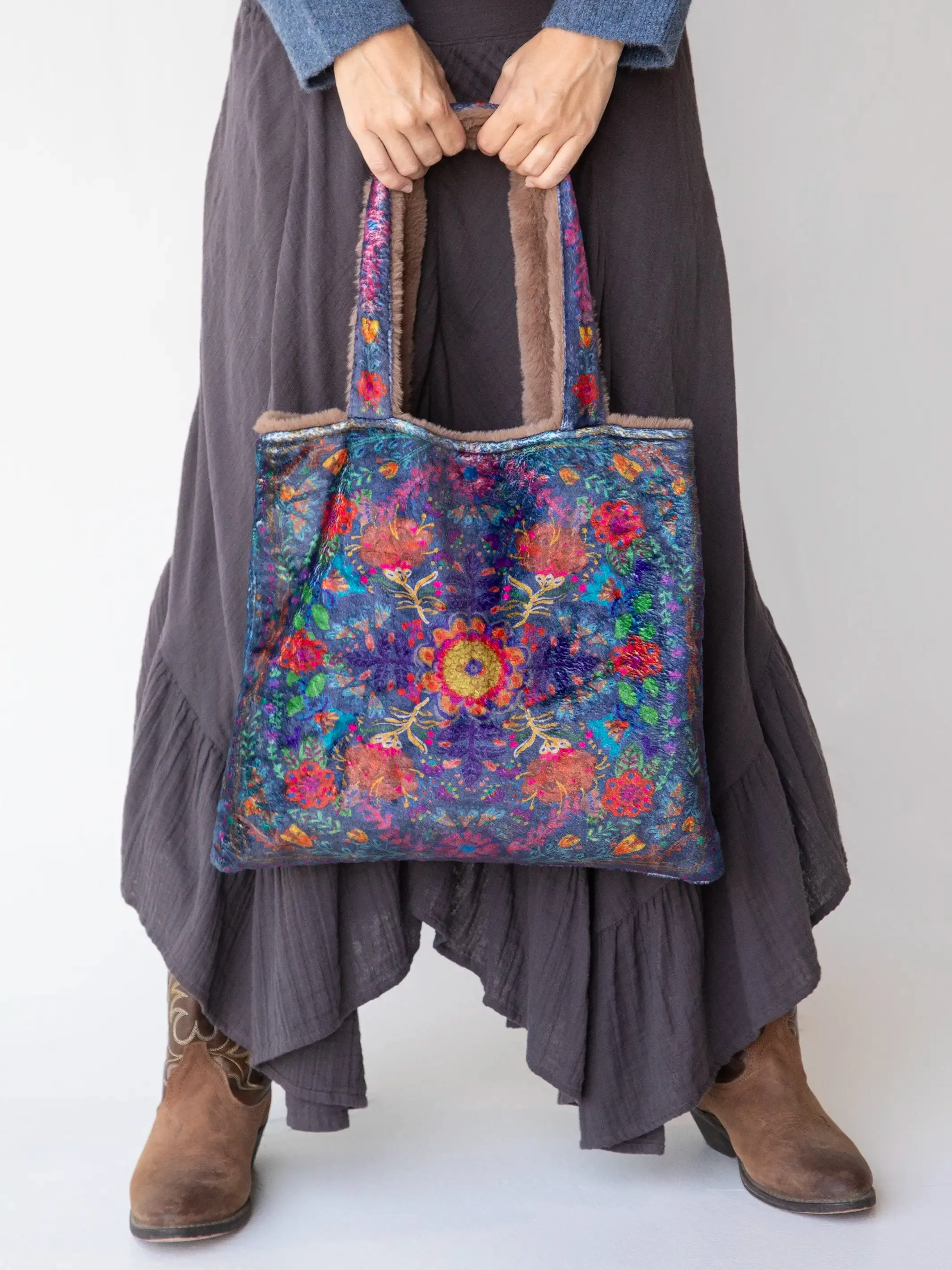 Reversible Faux Fur Tote Bag - Charcoal Folk Flower