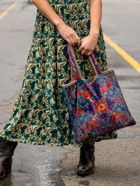 Reversible Faux Fur Tote Bag - Charcoal Folk Flower