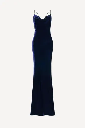 Siren maxi dress in midnight blue silk velvet