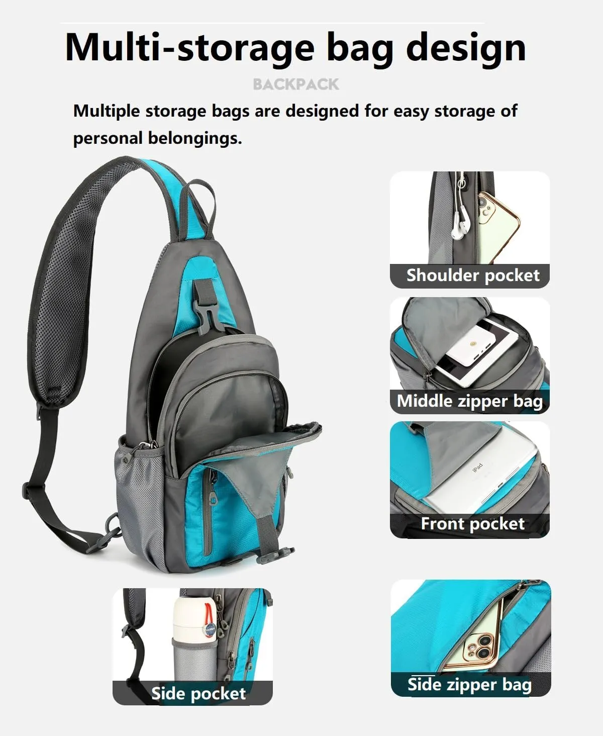 Small Crossbody Sling Backpack Hiking Daypack, Lightweight Casual Shoulder Chest Multiple Bag Sports Outdoor Travel (Lake Blue)