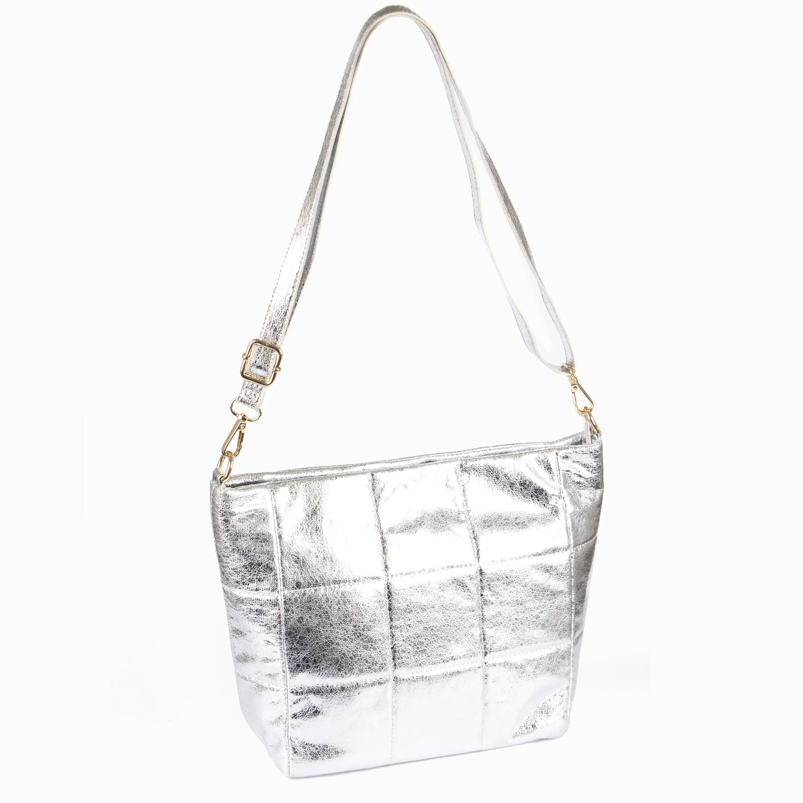Stella Crossbody Bag - Silver, Cracked Metallic Faux Leather