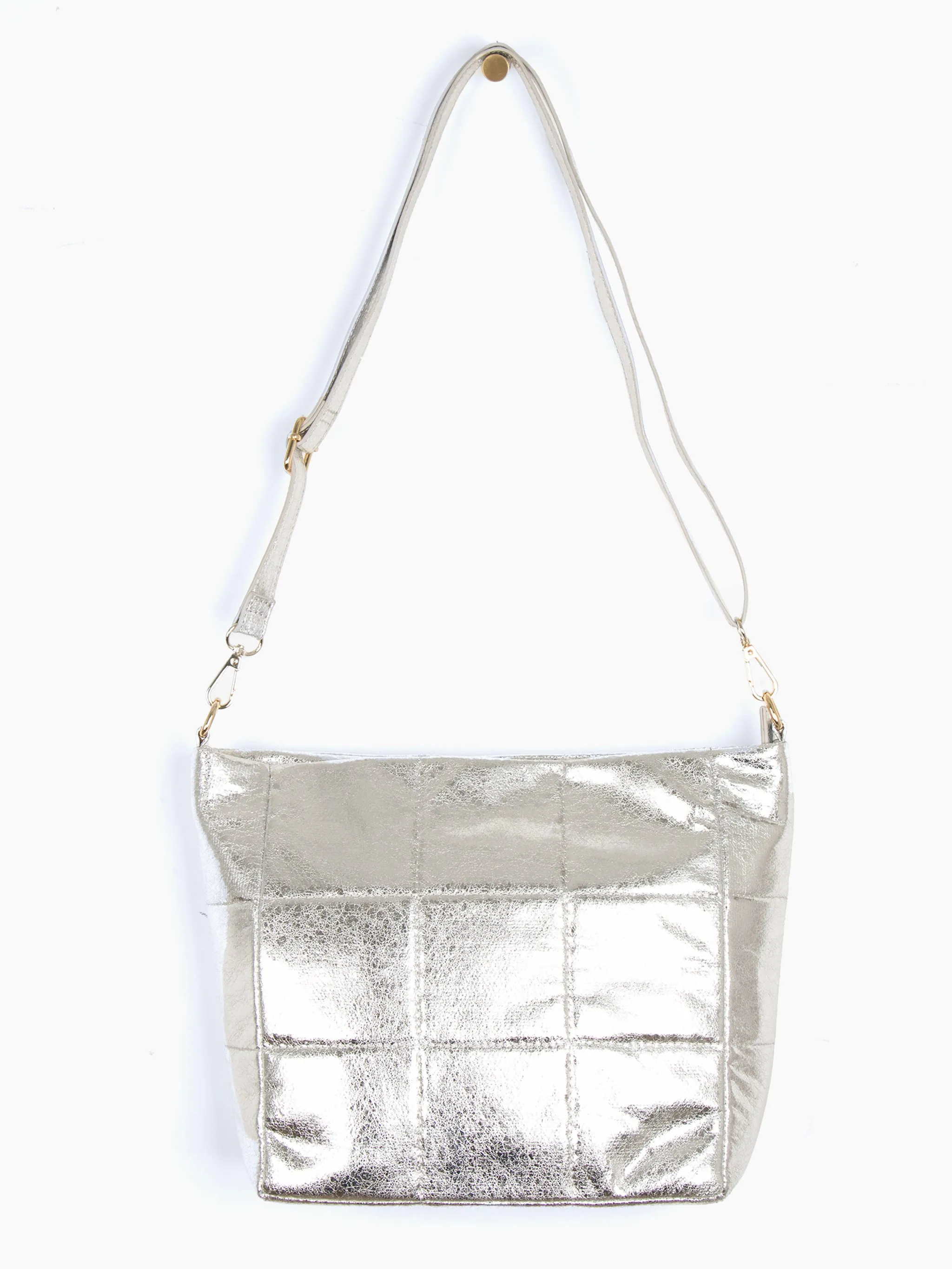 Stella Crossbody Bag - Silver, Cracked Metallic Faux Leather