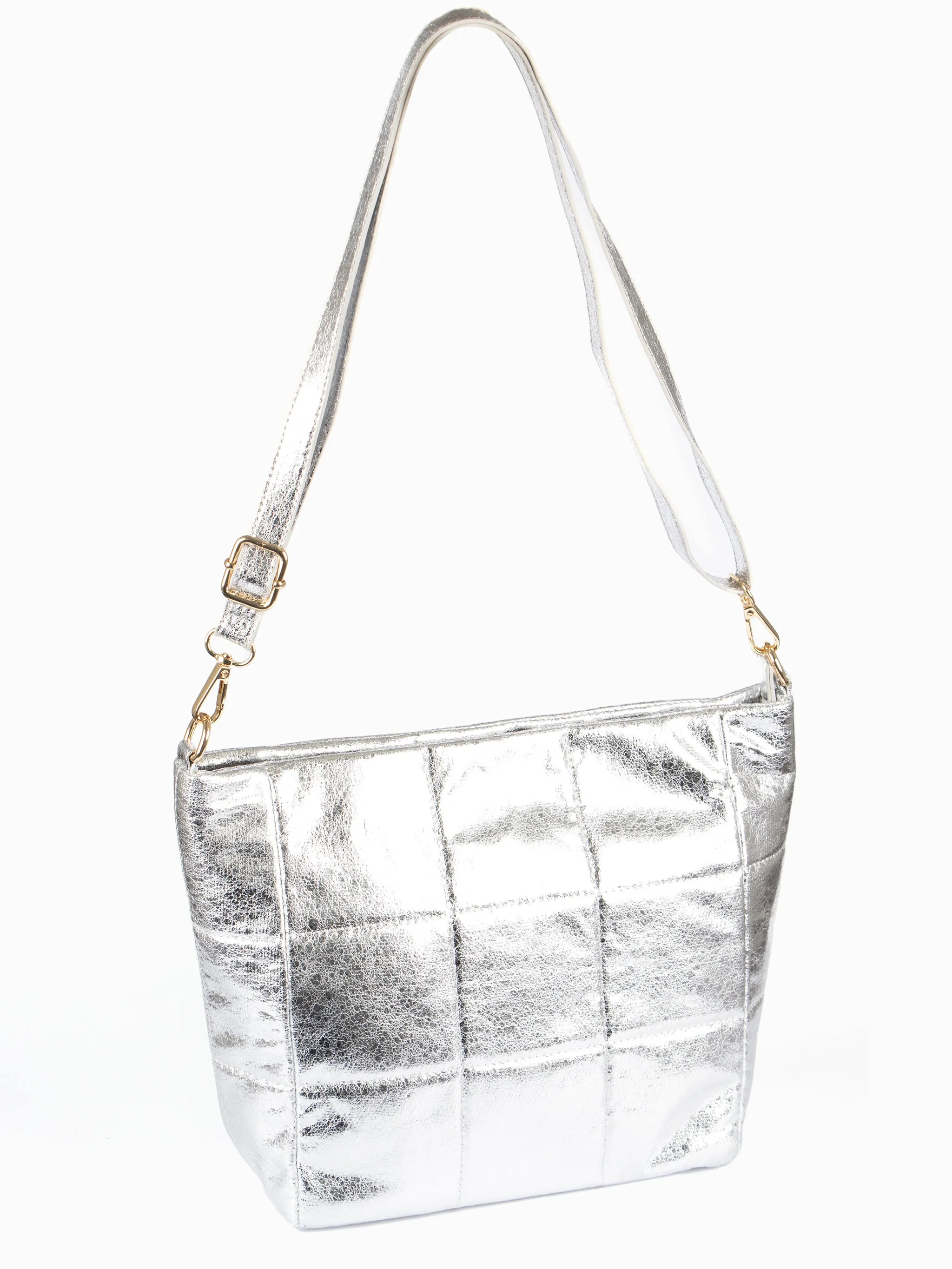 Stella Crossbody Bag - Silver, Cracked Metallic Faux Leather