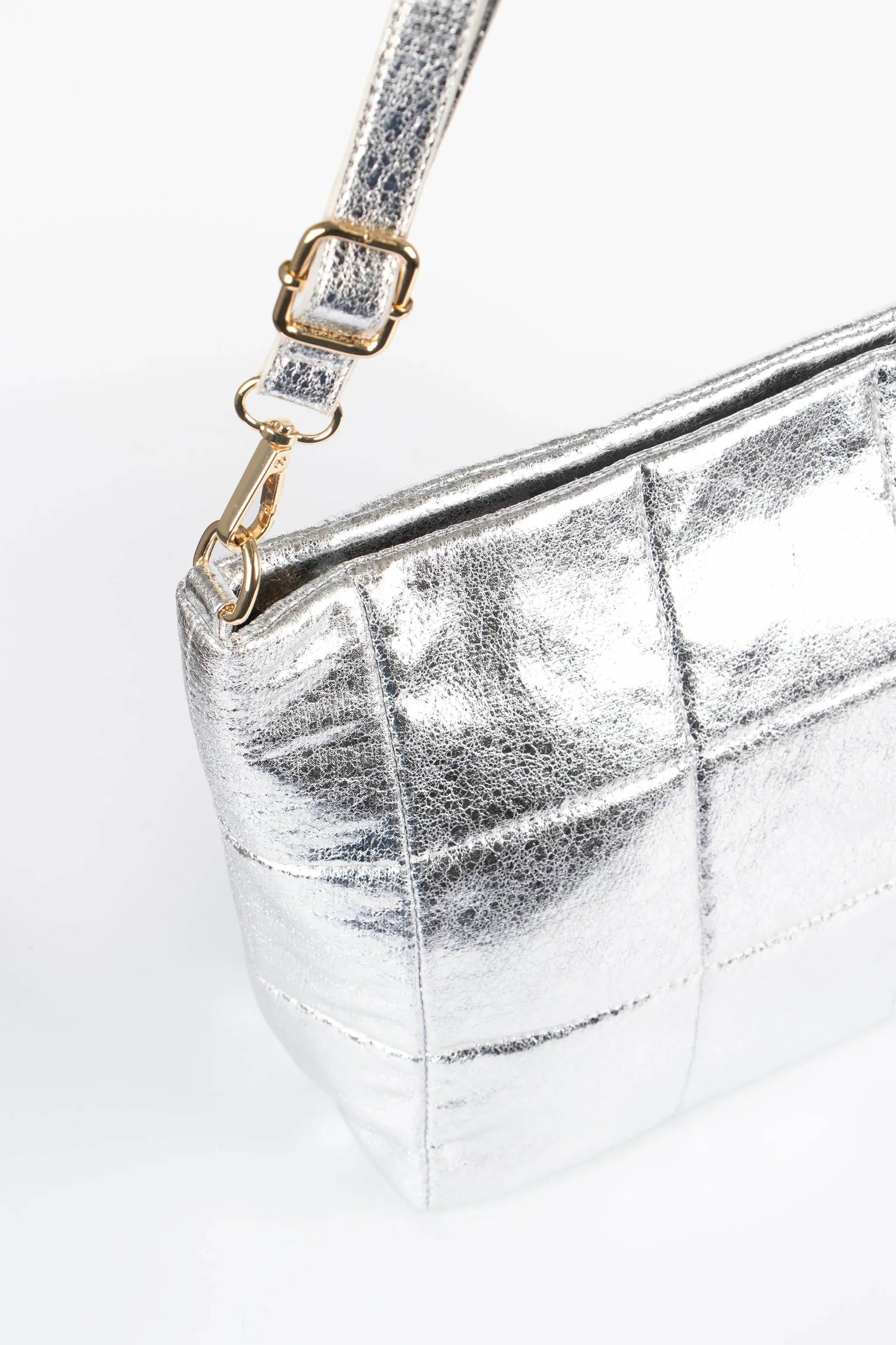 Stella Crossbody Bag - Silver, Cracked Metallic Faux Leather