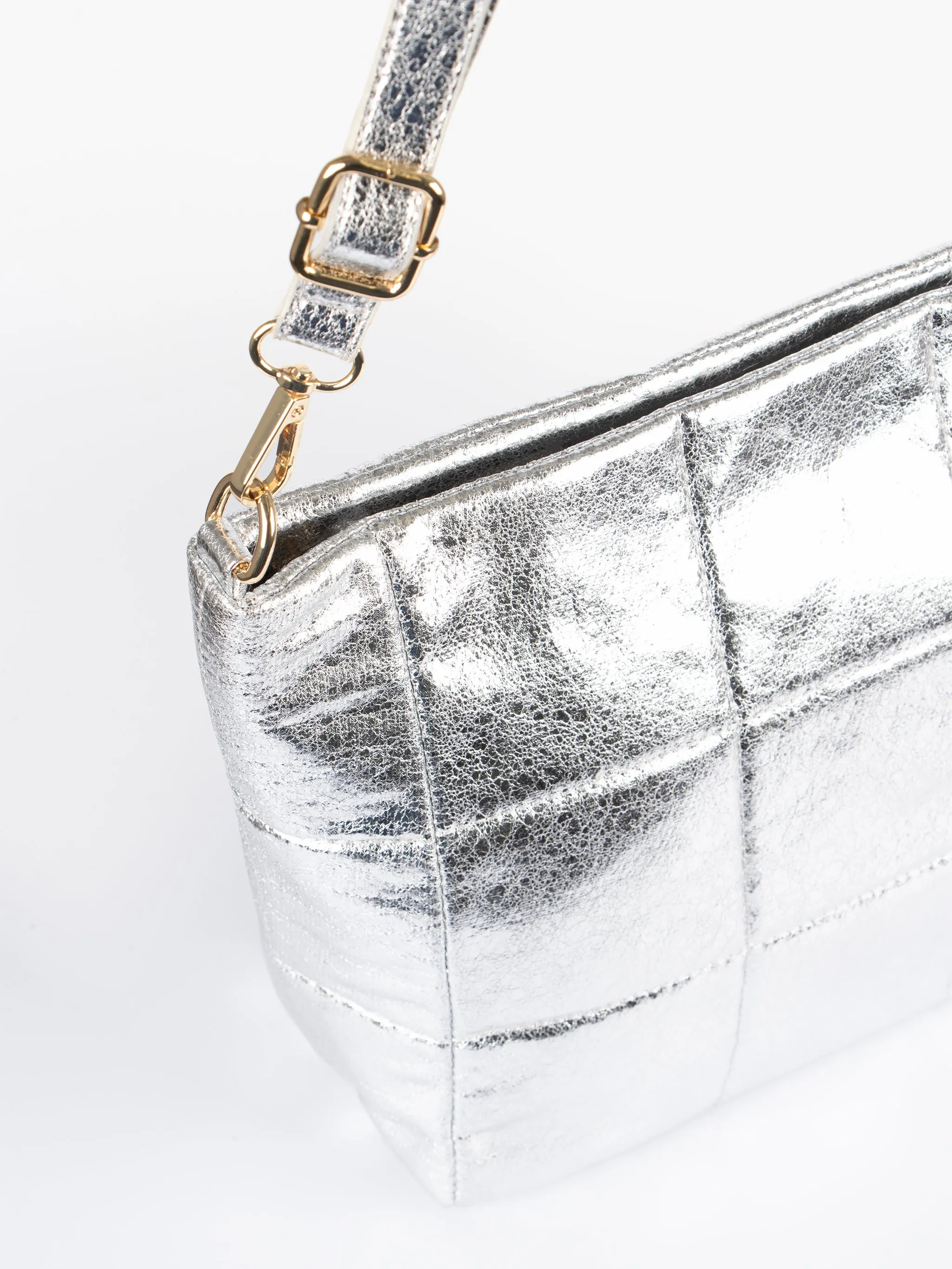 Stella Crossbody Bag - Silver, Cracked Metallic Faux Leather