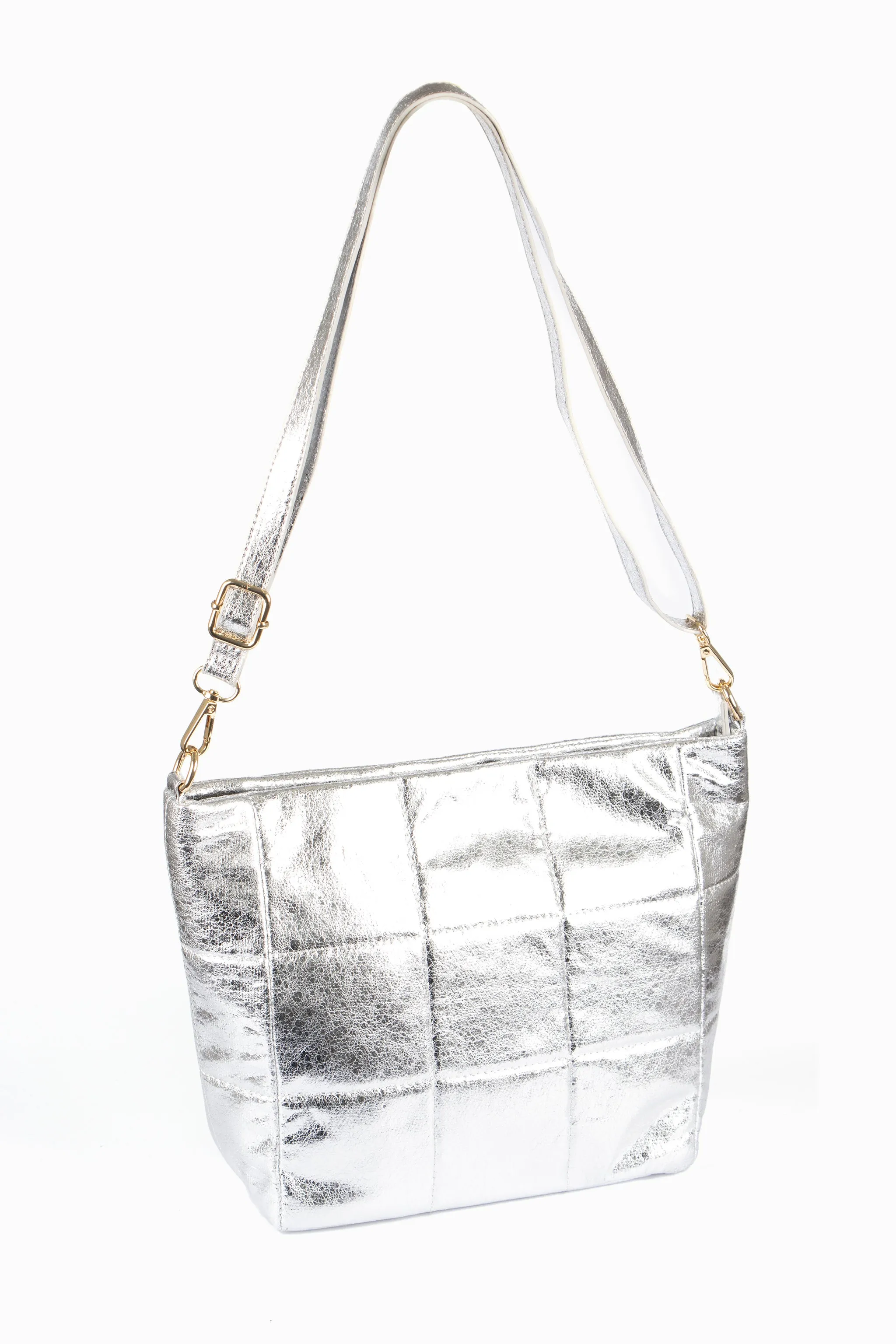 Stella Crossbody Bag - Silver, Cracked Metallic Faux Leather
