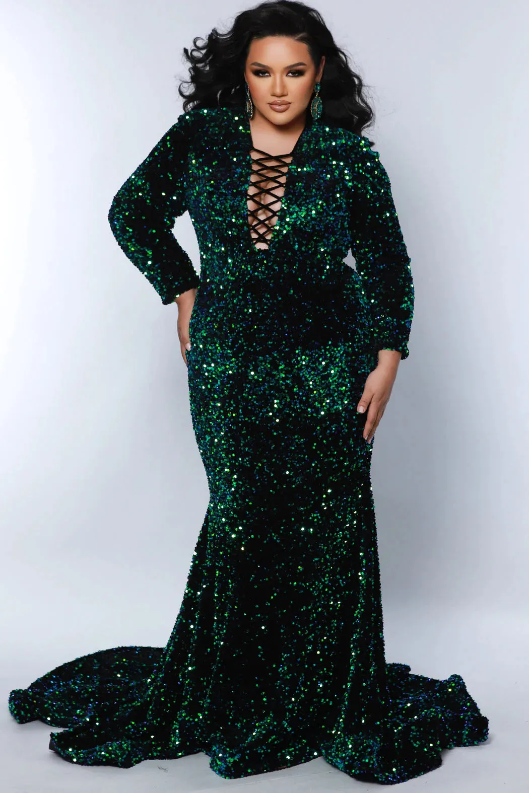 Sydneys Closet JK2421 Long Dress Mermaid Plus Size Sequin Velvet Fitted Pageant Train V Neck Long Sleeves Prom Corset