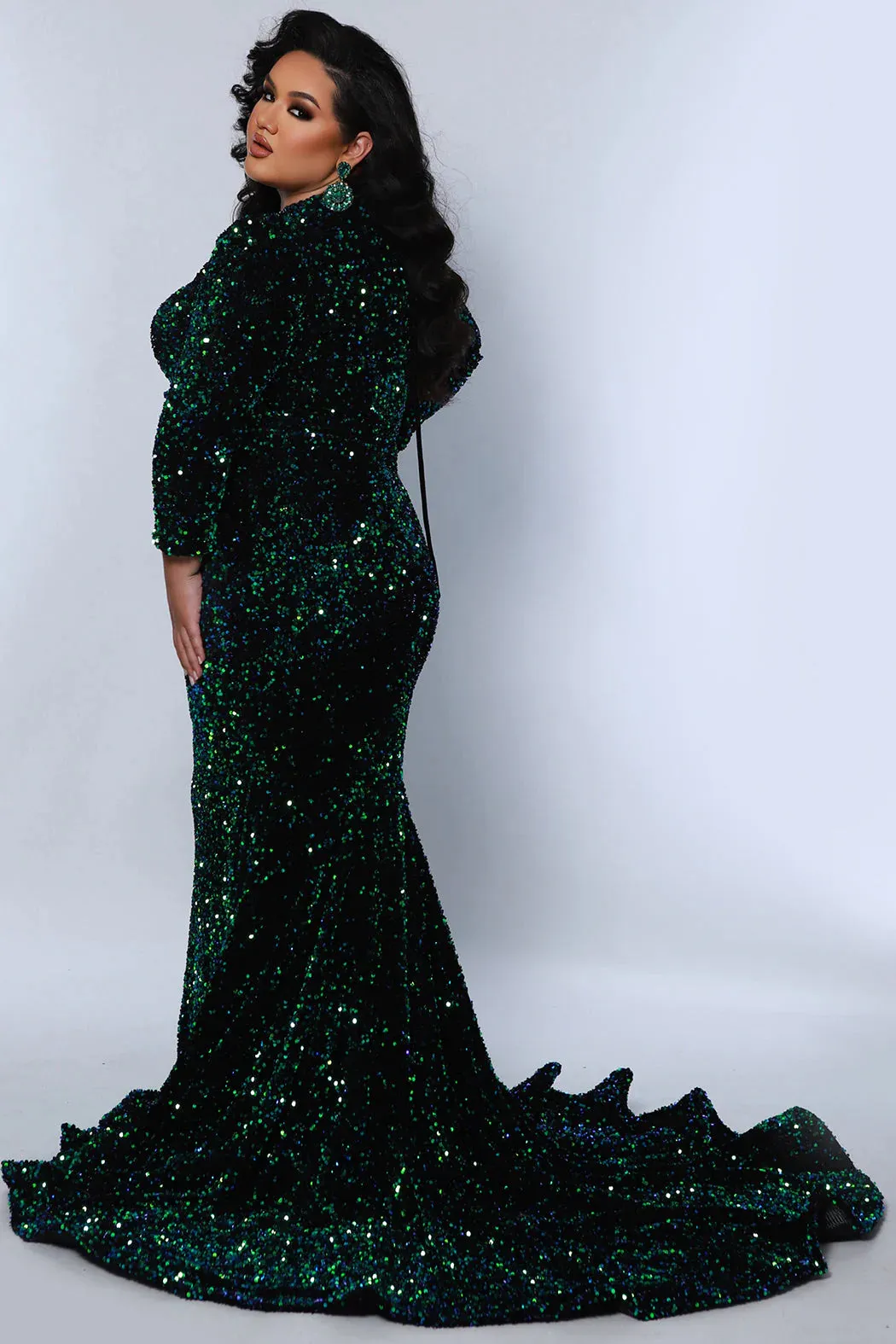 Sydneys Closet JK2421 Long Dress Mermaid Plus Size Sequin Velvet Fitted Pageant Train V Neck Long Sleeves Prom Corset