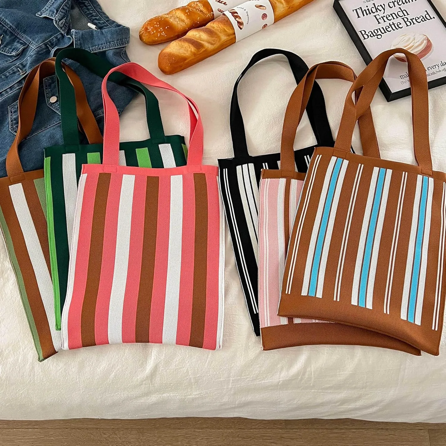 TTCAYU Knitted Shoulder Bag for Women Striped Checkered Handbag Summer Woven crochet beach Bag Purse for Shopping Travel