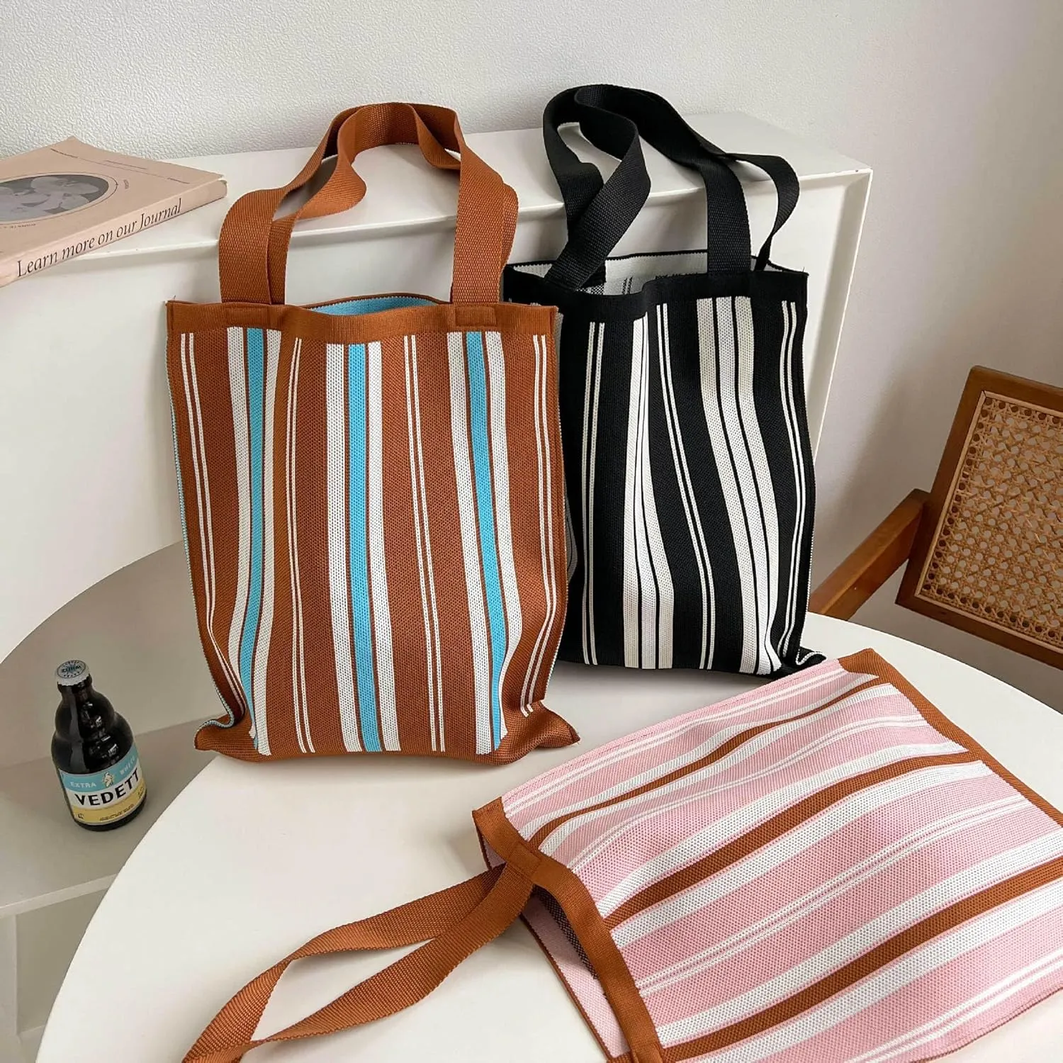 TTCAYU Knitted Shoulder Bag for Women Striped Checkered Handbag Summer Woven crochet beach Bag Purse for Shopping Travel