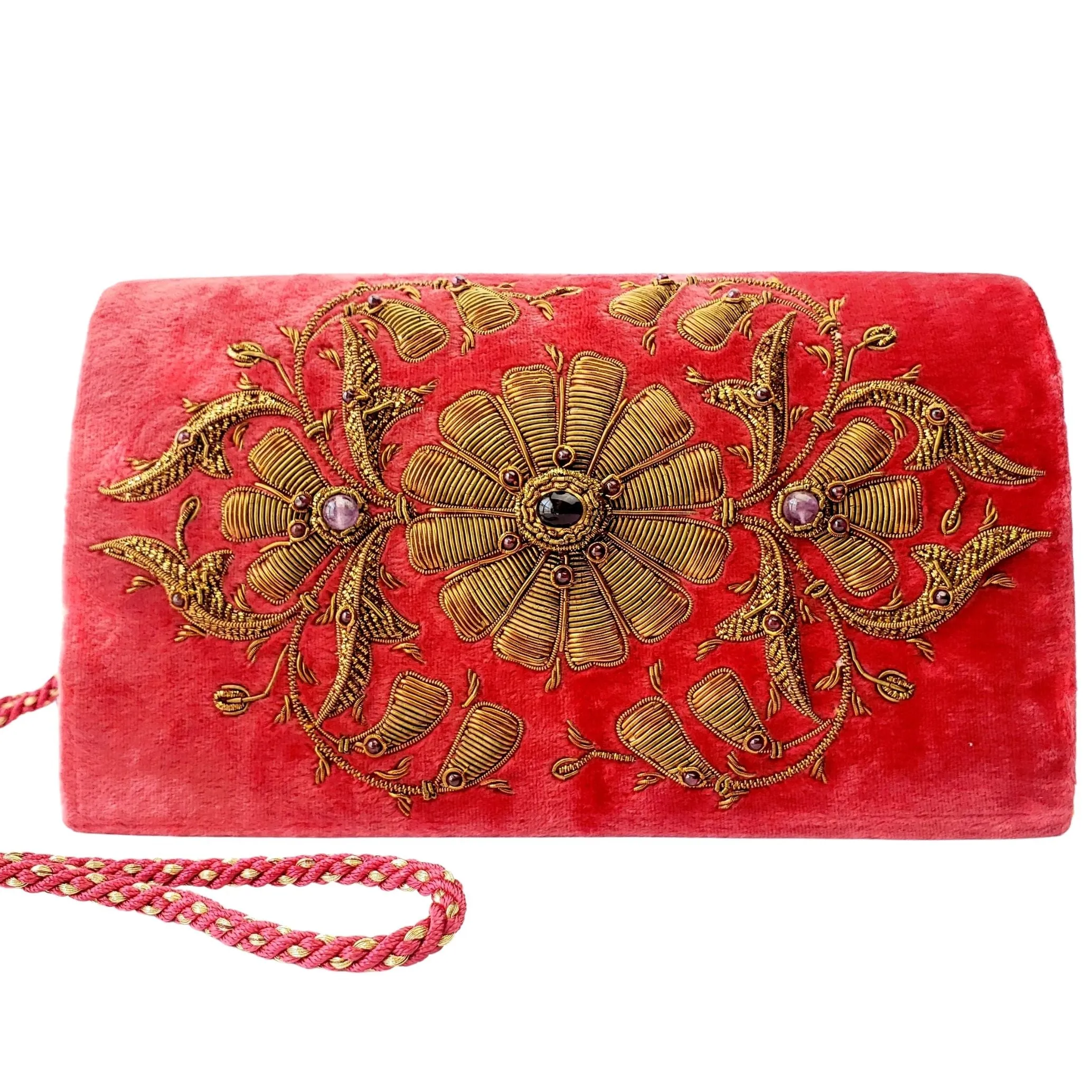 Velvet Clutch Embroidered with Copper Flower Medallion