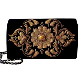 Velvet Clutch Embroidered with Copper Flower Medallion