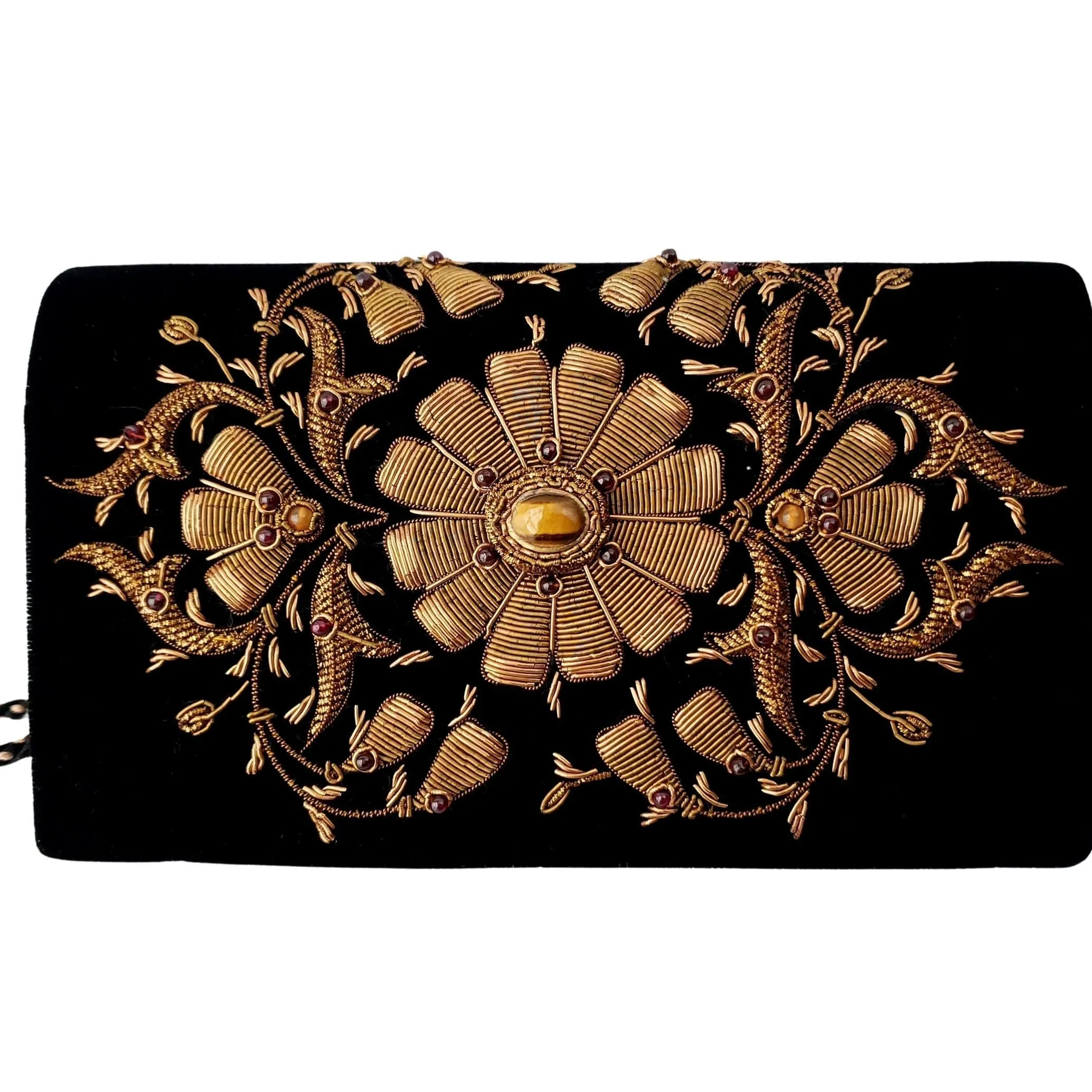 Velvet Clutch Embroidered with Copper Flower Medallion