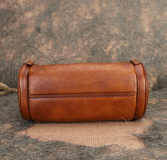 Vintage Brown Leather Barrel Shoulder Bag With Two Zipper Side Pockets Crossbody Bag For Women