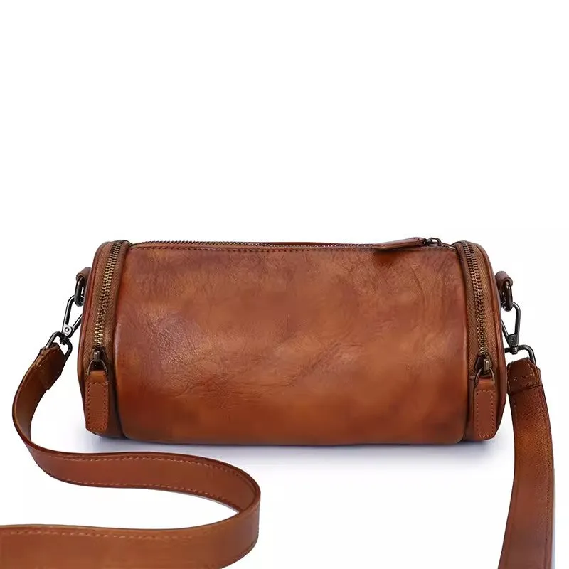 Vintage Brown Leather Barrel Shoulder Bag With Two Zipper Side Pockets Crossbody Bag For Women