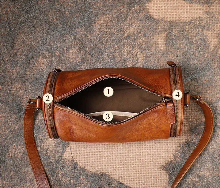 Vintage Brown Leather Barrel Shoulder Bag With Two Zipper Side Pockets Crossbody Bag For Women