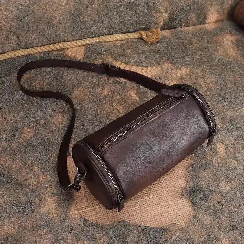 Vintage Brown Leather Barrel Shoulder Bag With Two Zipper Side Pockets Crossbody Bag For Women