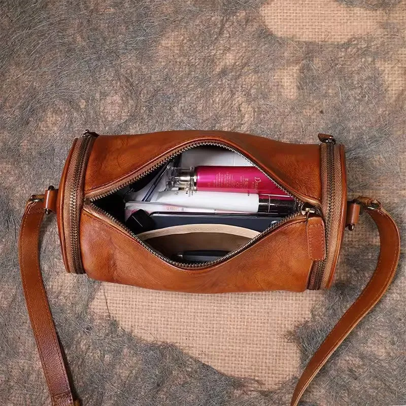 Vintage Brown Leather Barrel Shoulder Bag With Two Zipper Side Pockets Crossbody Bag For Women
