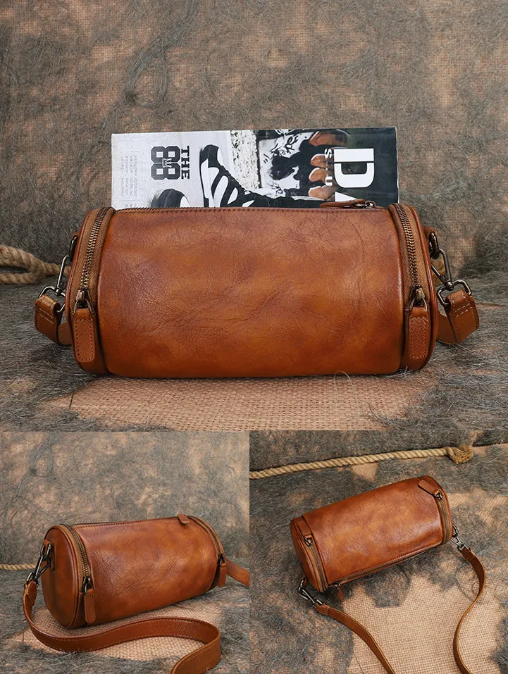 Vintage Brown Leather Barrel Shoulder Bag With Two Zipper Side Pockets Crossbody Bag For Women