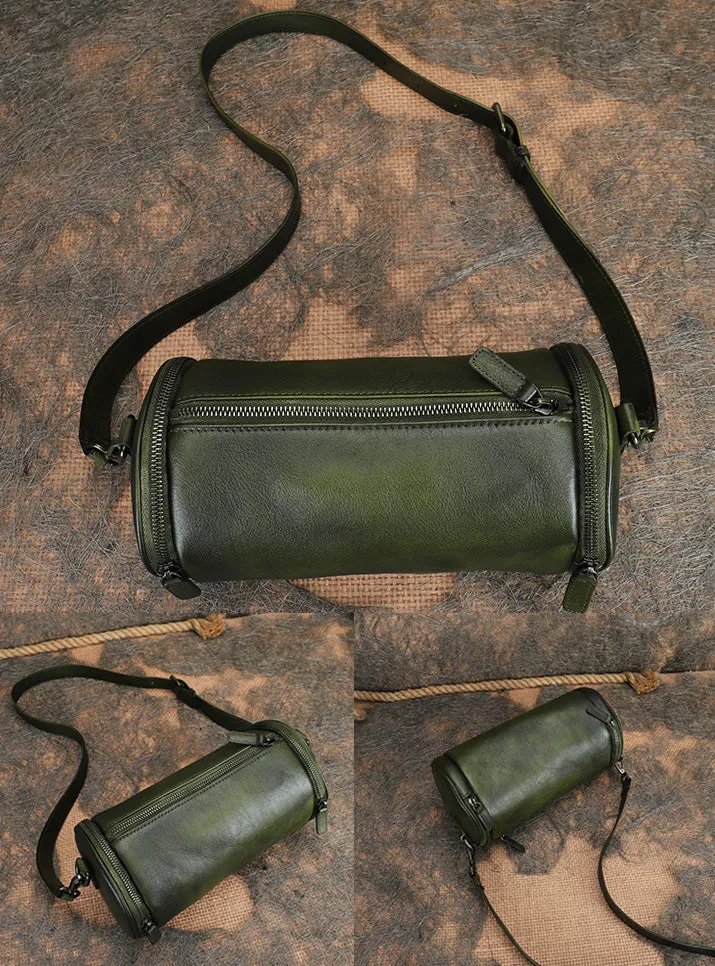 Vintage Brown Leather Barrel Shoulder Bag With Two Zipper Side Pockets Crossbody Bag For Women