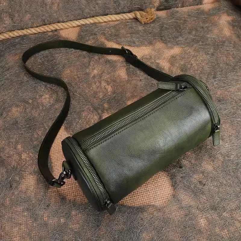 Vintage Brown Leather Barrel Shoulder Bag With Two Zipper Side Pockets Crossbody Bag For Women