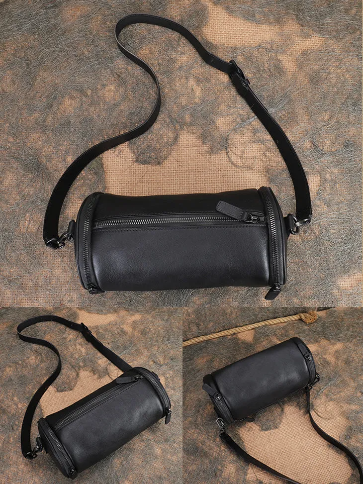 Vintage Brown Leather Barrel Shoulder Bag With Two Zipper Side Pockets Crossbody Bag For Women