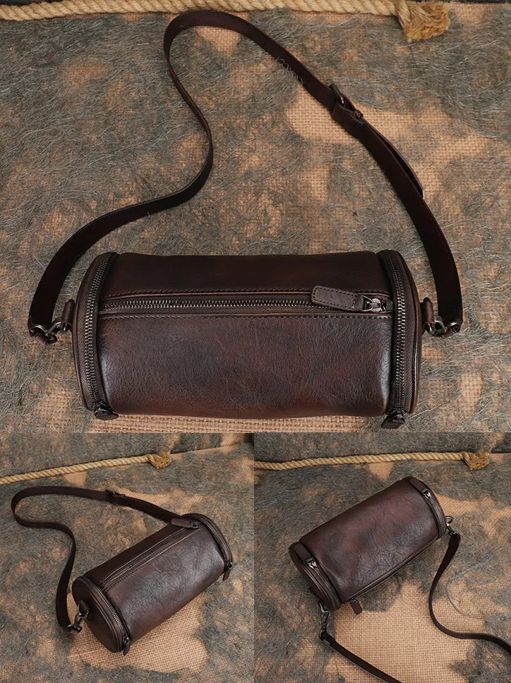 Vintage Brown Leather Barrel Shoulder Bag With Two Zipper Side Pockets Crossbody Bag For Women