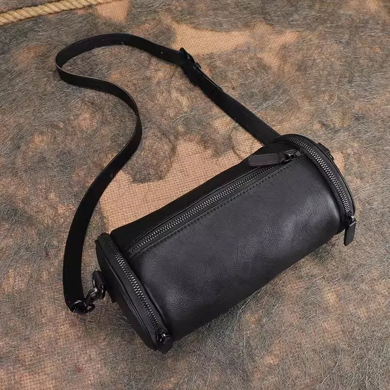 Vintage Brown Leather Barrel Shoulder Bag With Two Zipper Side Pockets Crossbody Bag For Women