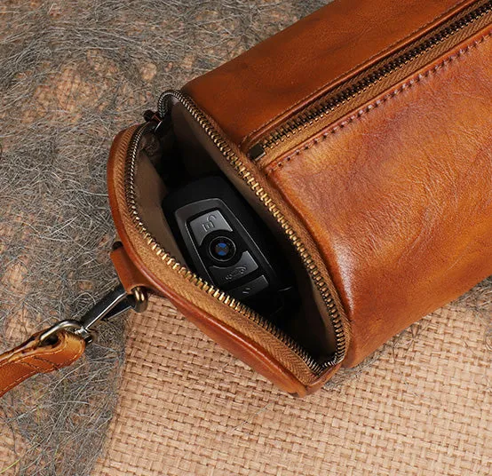 Vintage Brown Leather Barrel Shoulder Bag With Two Zipper Side Pockets Crossbody Bag For Women