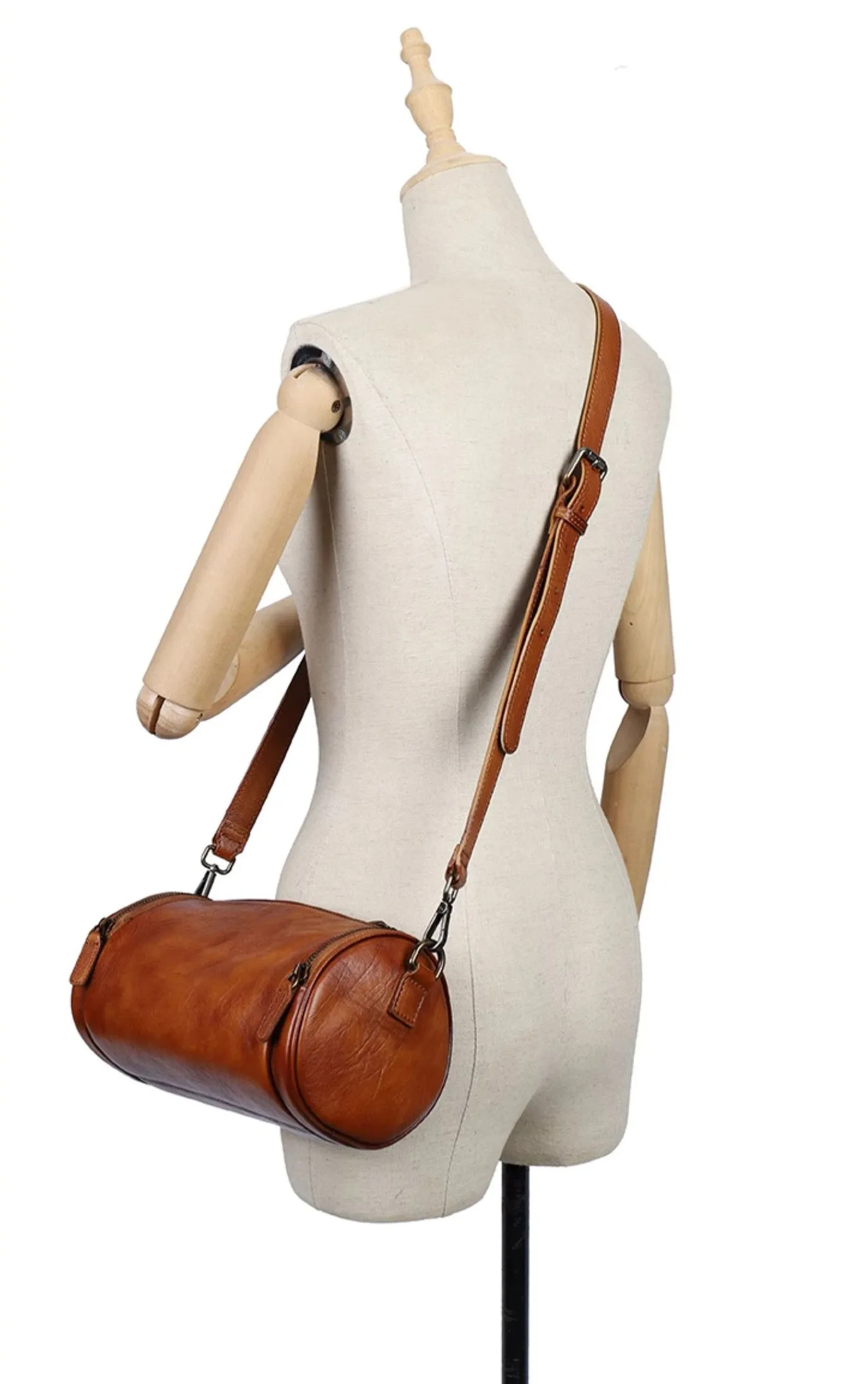 Vintage Brown Leather Barrel Shoulder Bag With Two Zipper Side Pockets Crossbody Bag For Women