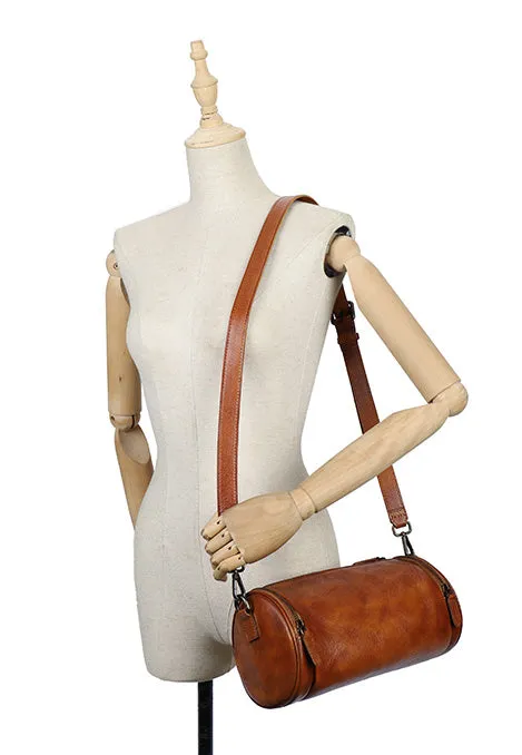 Vintage Brown Leather Barrel Shoulder Bag With Two Zipper Side Pockets Crossbody Bag For Women