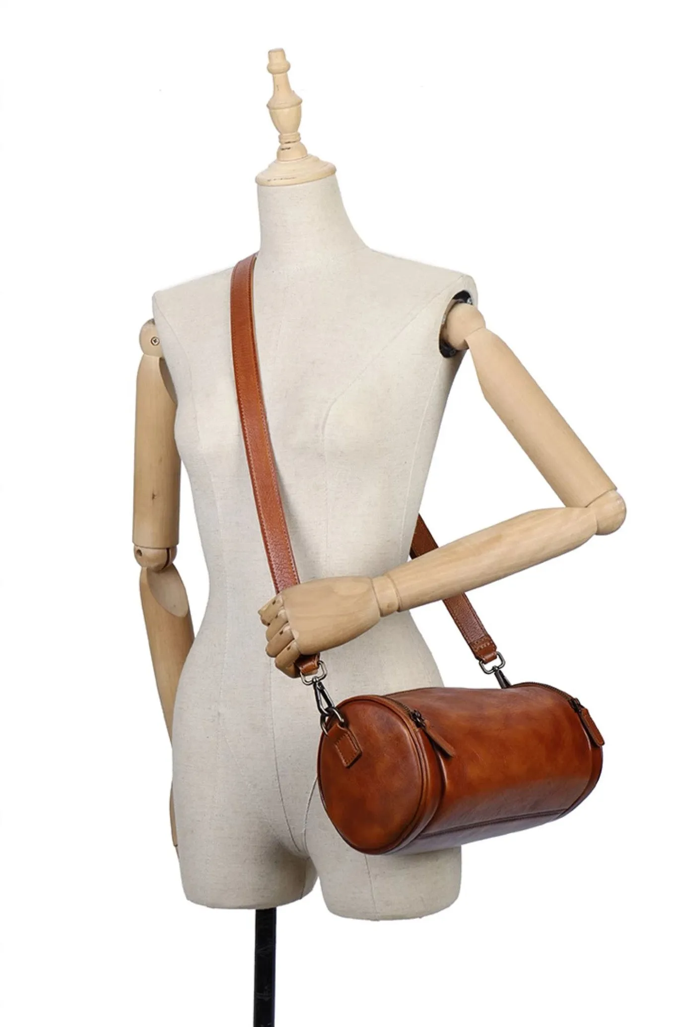 Vintage Brown Leather Barrel Shoulder Bag With Two Zipper Side Pockets Crossbody Bag For Women