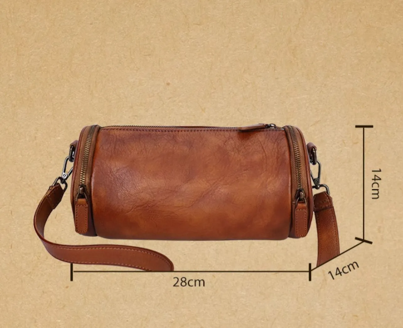 Vintage Brown Leather Barrel Shoulder Bag With Two Zipper Side Pockets Crossbody Bag For Women