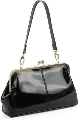 Vintage Kiss Lock Handbags Shiny Patent Leather Evening Clutch Purse Tote Bags with Two Straps