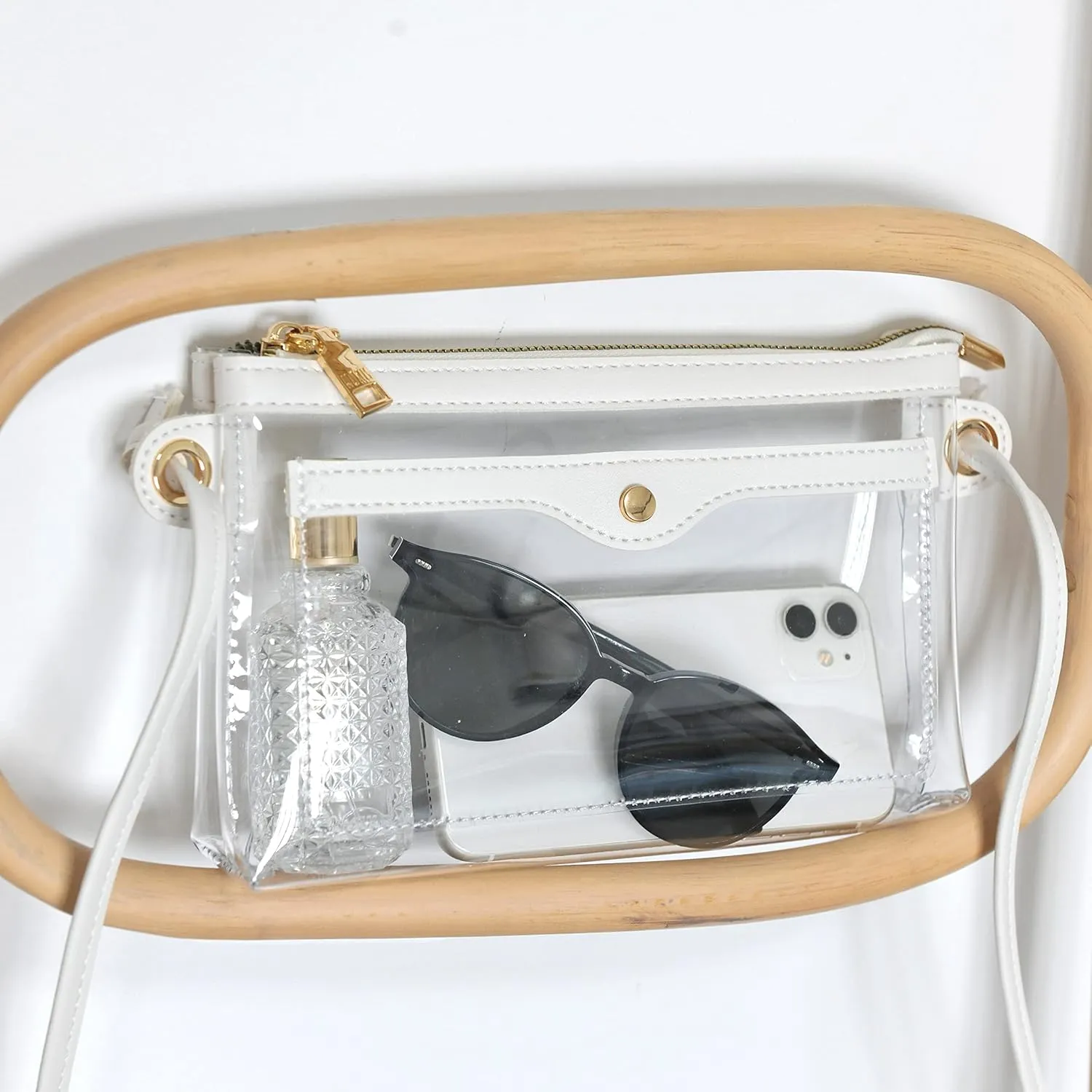 Women's Clear PVC Cross Body Bag Pocket Shoulder Bag with Vegan Leather Trim Transparent Zipper Purse Stadium Approved
