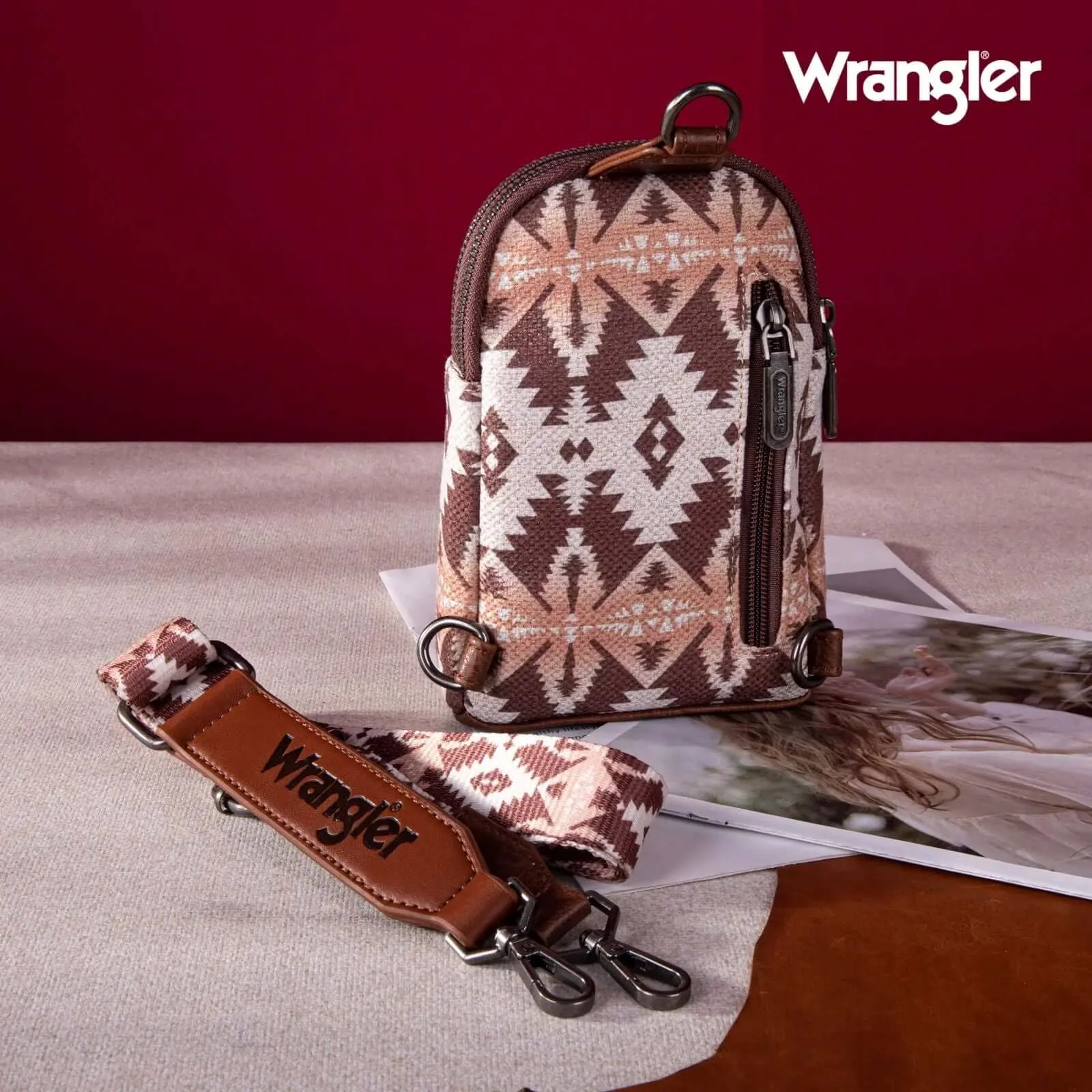 Wrangler Allover Aztec Dual Sided Print Sling Chest Bag Light Coffee