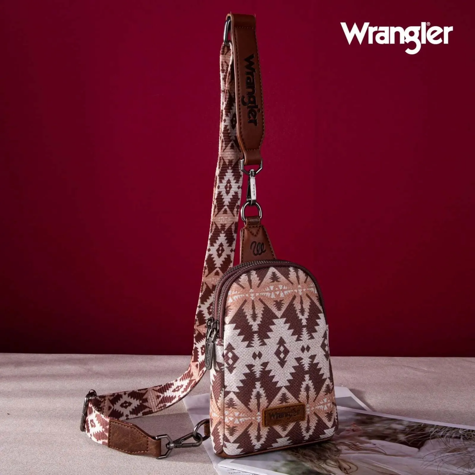 Wrangler Allover Aztec Dual Sided Print Sling Chest Bag Light Coffee