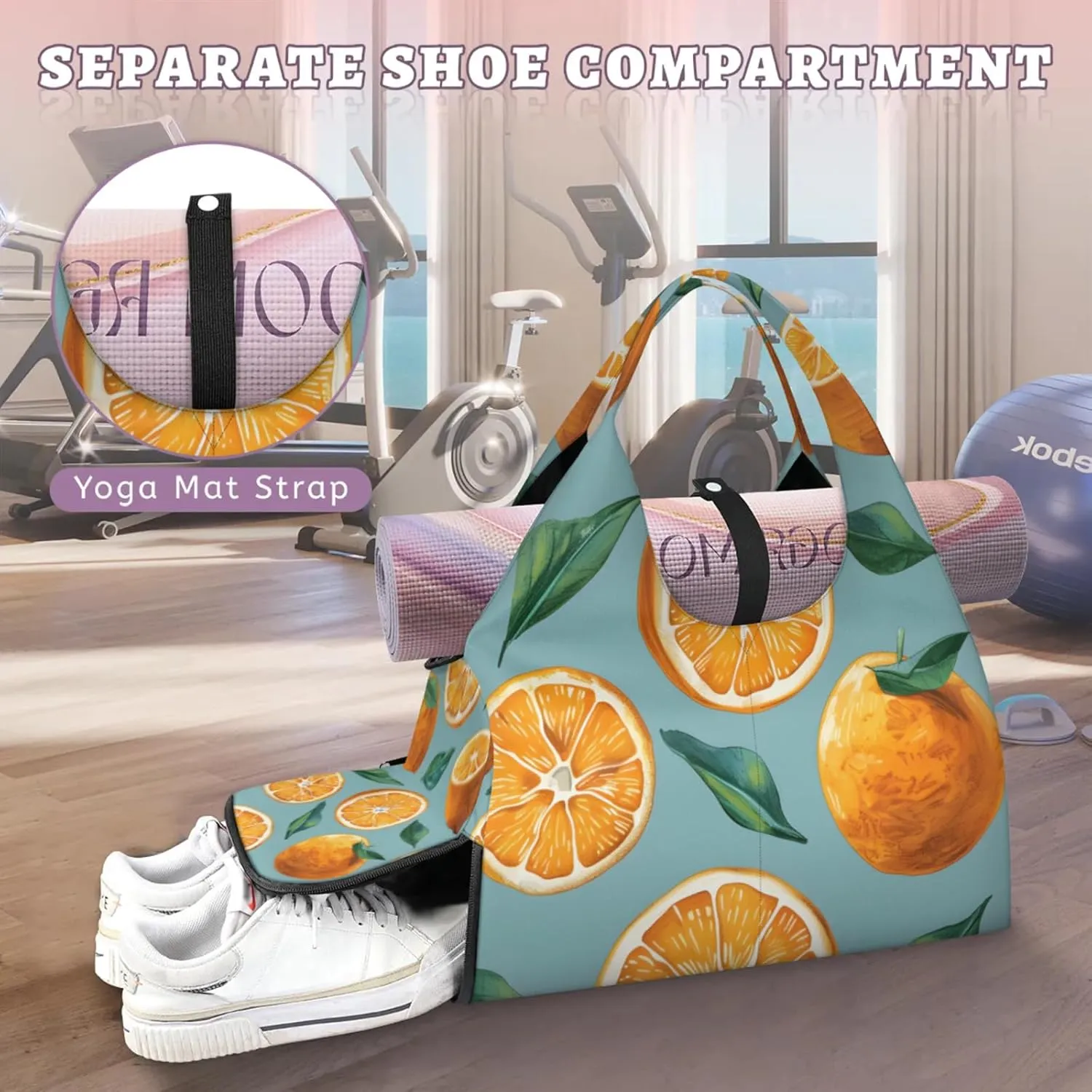 Yoga Tote Bag for Women Fruit Orange Beach Bag with Shoe Storage & Yoga Mat Strap Waterproof Weekender Duffle Bag for Travel Fitness Weekend Trips