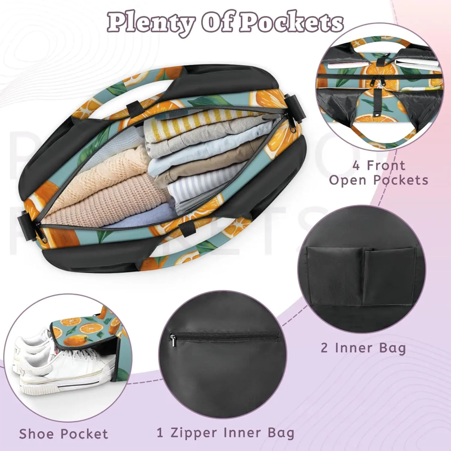 Yoga Tote Bag for Women Fruit Orange Beach Bag with Shoe Storage & Yoga Mat Strap Waterproof Weekender Duffle Bag for Travel Fitness Weekend Trips