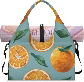 Yoga Tote Bag for Women Fruit Orange Beach Bag with Shoe Storage & Yoga Mat Strap Waterproof Weekender Duffle Bag for Travel Fitness Weekend Trips