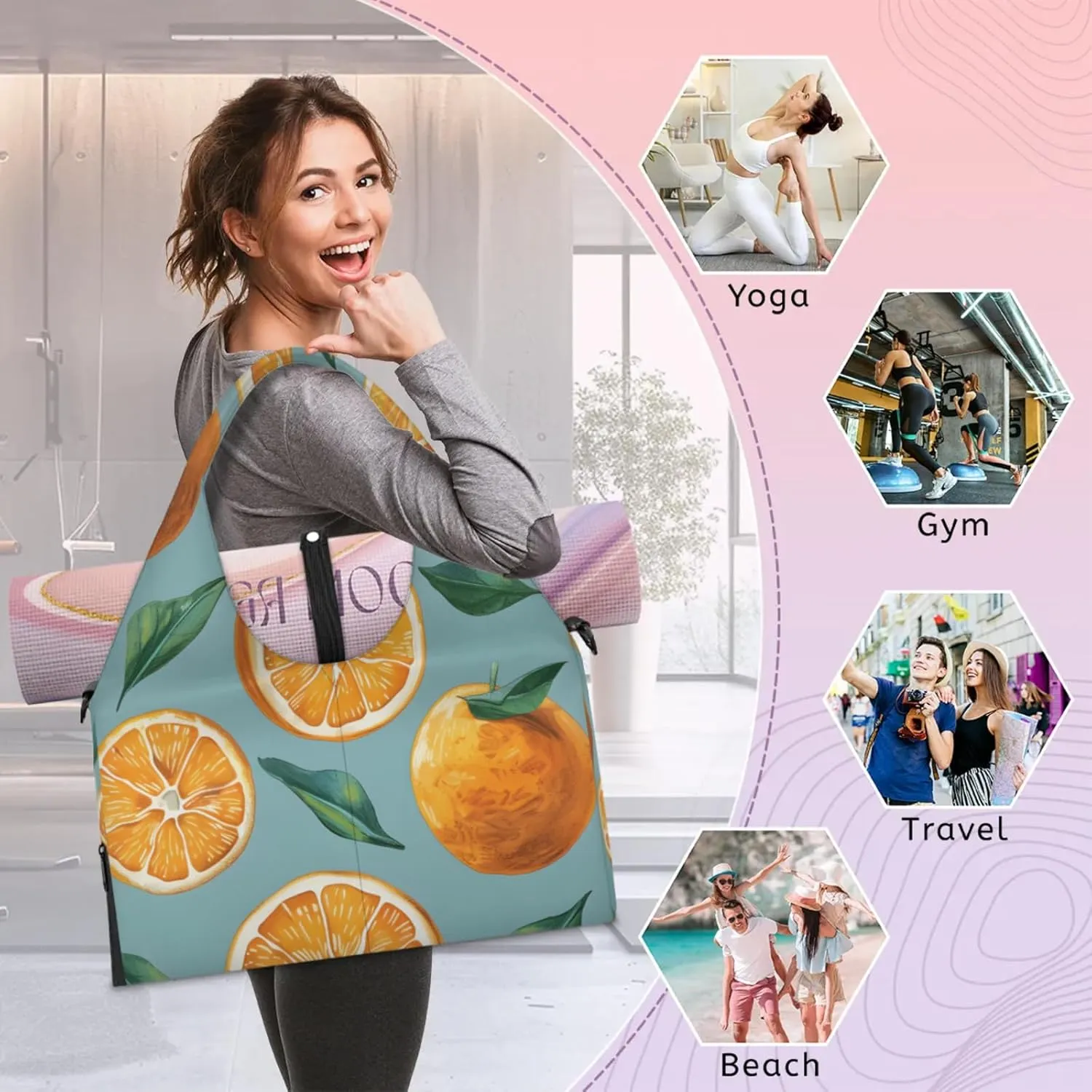 Yoga Tote Bag for Women Fruit Orange Beach Bag with Shoe Storage & Yoga Mat Strap Waterproof Weekender Duffle Bag for Travel Fitness Weekend Trips