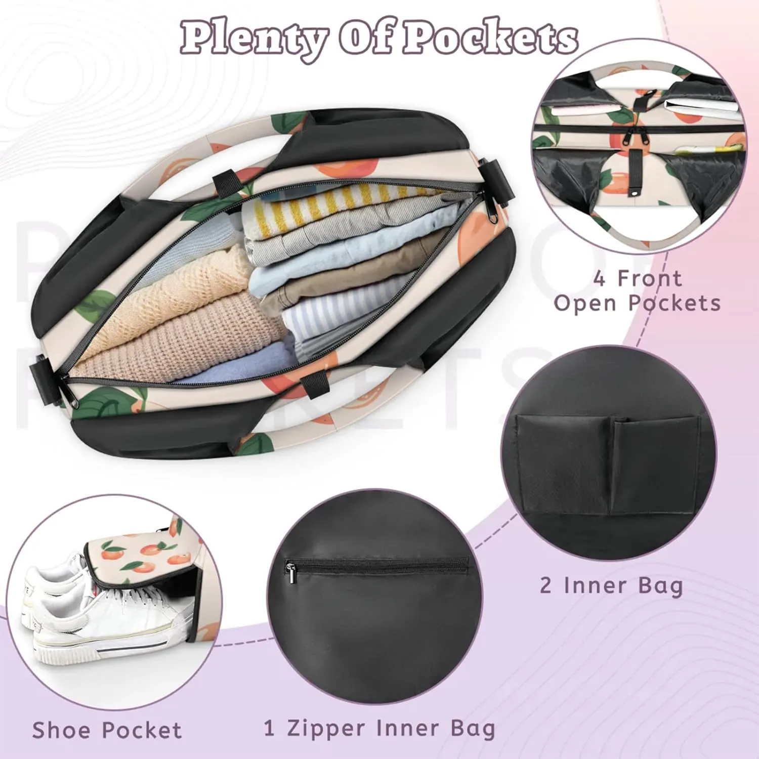 Yoga Tote Bag for Women Sweet Peach Beach Bag with Shoe Storage & Yoga Mat Strap Waterproof Weekender Duffle Bag for Travel Fitness Weekend Trips