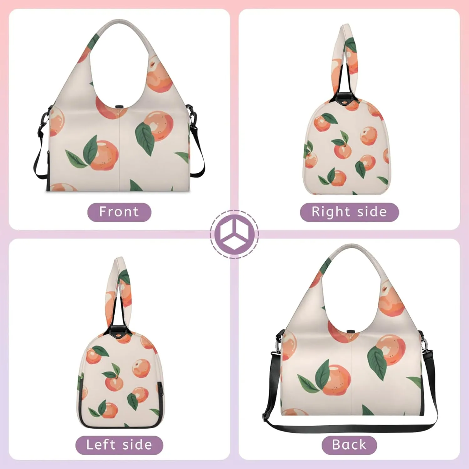 Yoga Tote Bag for Women Sweet Peach Beach Bag with Shoe Storage & Yoga Mat Strap Waterproof Weekender Duffle Bag for Travel Fitness Weekend Trips