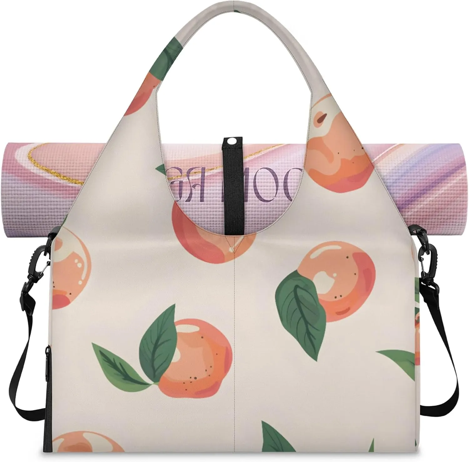 Yoga Tote Bag for Women Sweet Peach Beach Bag with Shoe Storage & Yoga Mat Strap Waterproof Weekender Duffle Bag for Travel Fitness Weekend Trips